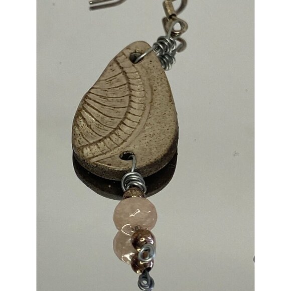 Vintage Handmade Ceramic Shell Fossil Earrings Dangle with Beads Teardrop Shape - Picture 2 of 3